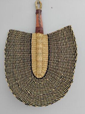 Bolga Elephant Grass handmade Fan with leather handle